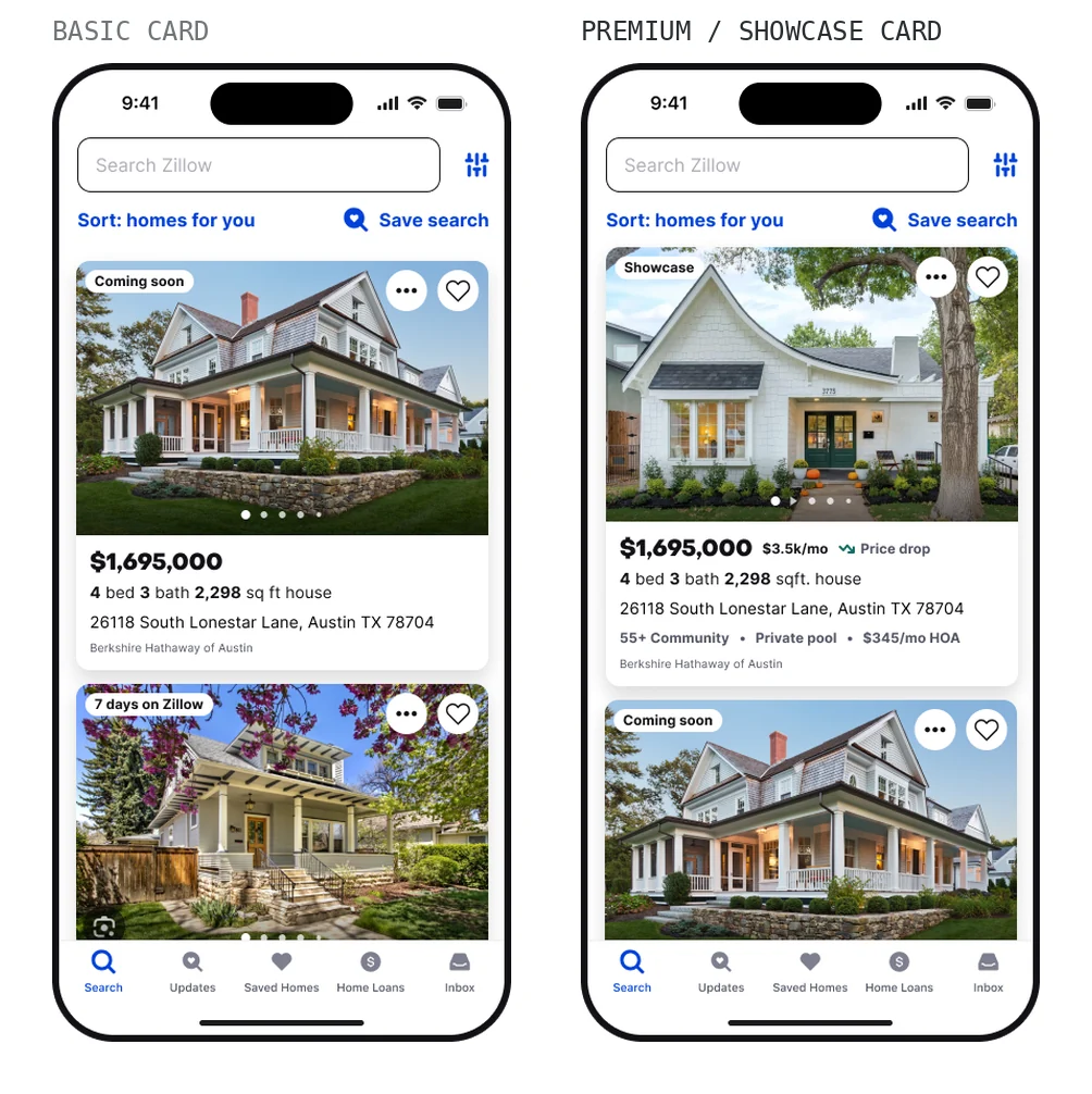 The redesigned property cards live in the search feed: a basic card showing photo, price, beds, baths, and address, and a premium showcase card adding a monthly cost estimate, price-drop signal, and personalized detail chips.