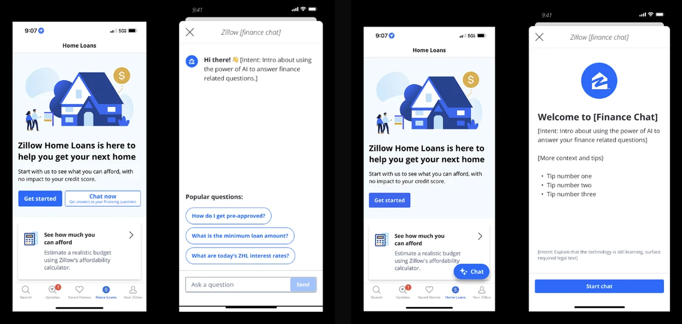 Two early design directions for AskZ: a traditional chatbot entry with an inline Chat now call to action and popular-question chips, and an emerging AI UI with a floating chat button opening a full welcome screen with tips and a still-learning disclaimer.