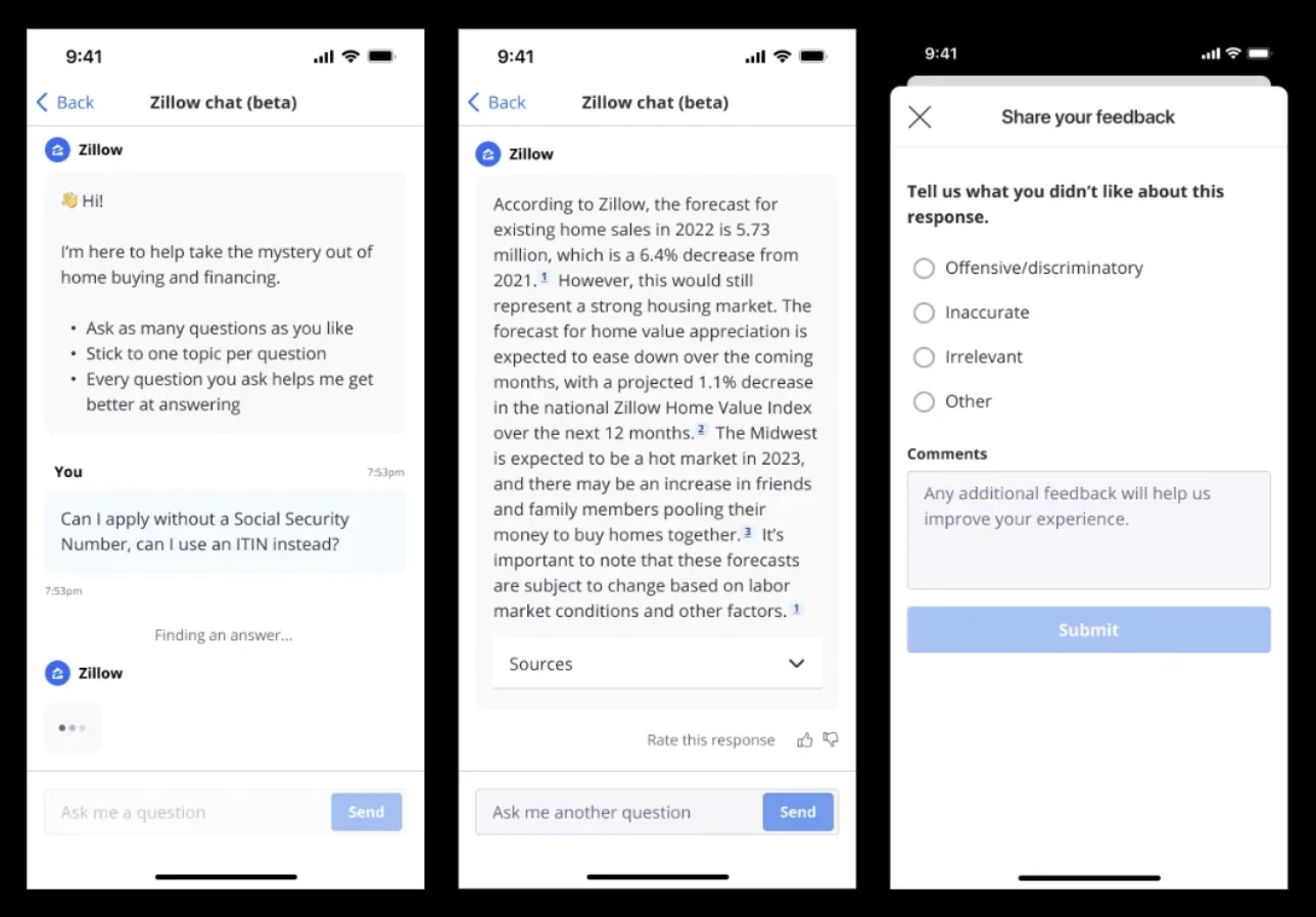Three AskZ beta screens: the welcome state setting expectations, an answer with inline numbered citations and a sources dropdown, and the report flow behind a thumbs-down.
