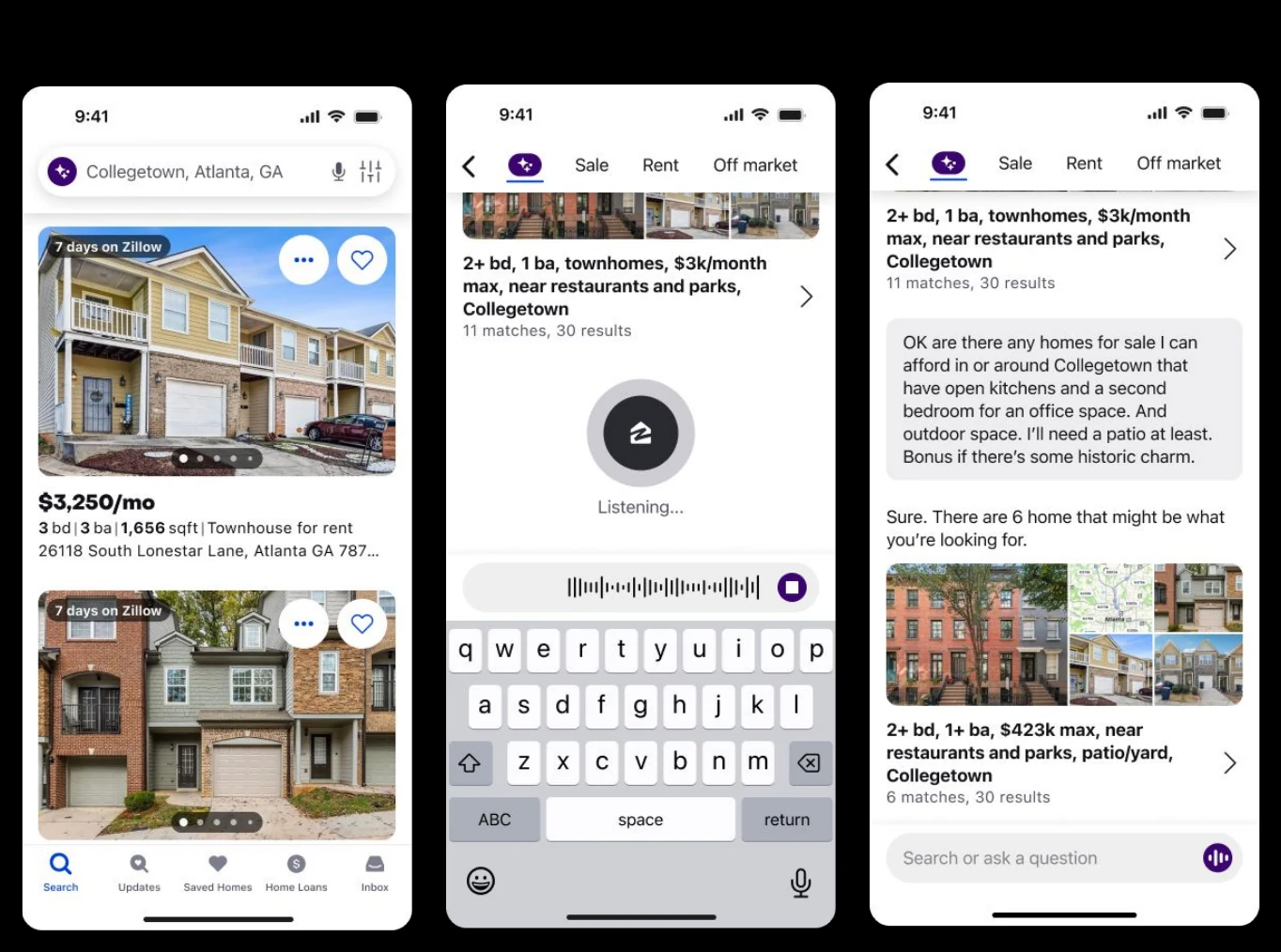 Three screens from the copilot vision: a search feed with rental listings, a voice-input state showing a waveform and 'Listening…', and a conversation where a shopper asks in plain language for homes with open kitchens, a second bedroom for an office and outdoor space, and gets matching results back.