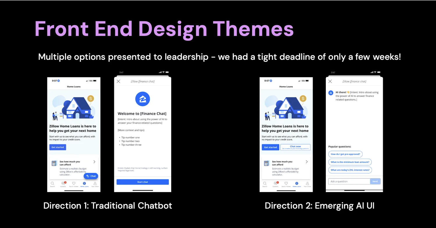 Two design directions side by side: a traditional chatbot with inline entry and suggested-question chips, and an AI-native pattern with a floating entry and full-screen welcome.
