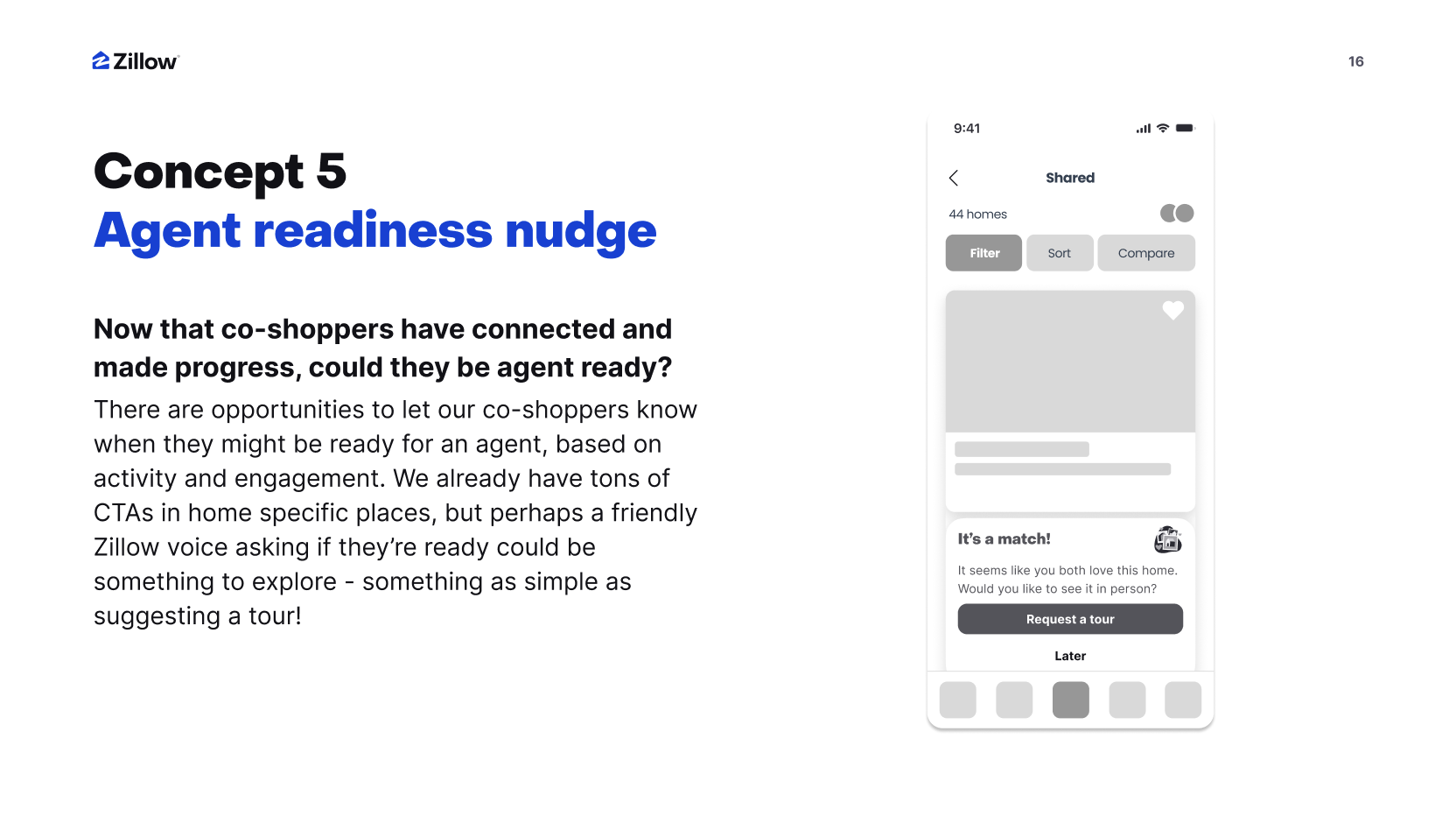 Slide: Concept 5, Agent readiness nudge. A wireframe of a shared collection with an “It’s a match” prompt to request a tour.