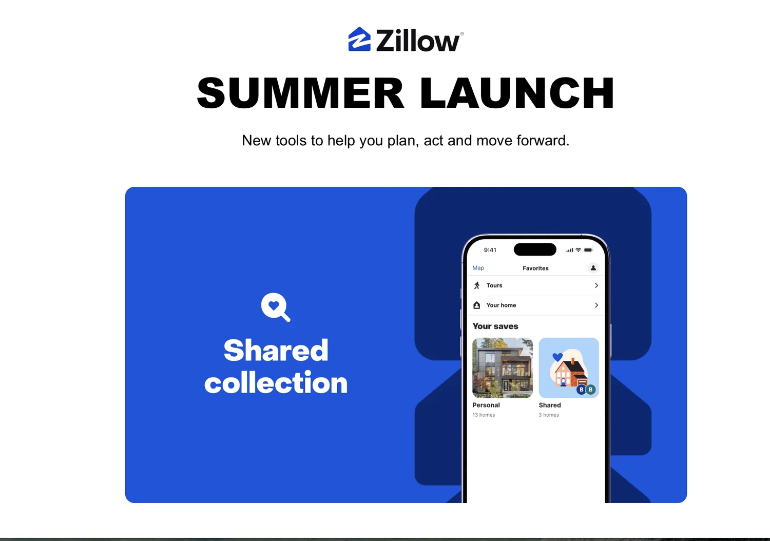Screens from the Zillow Summer 2026 release showing shared collections in the shipped product.