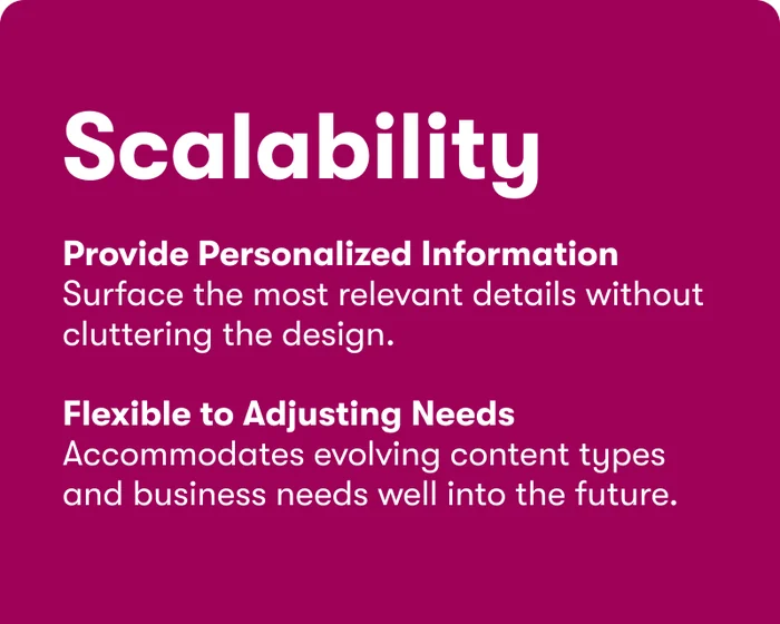 Scalability: provide personalized information — surface the most relevant details without cluttering the design; flexible to adjusting needs — accommodates evolving content types and business needs well into the future.