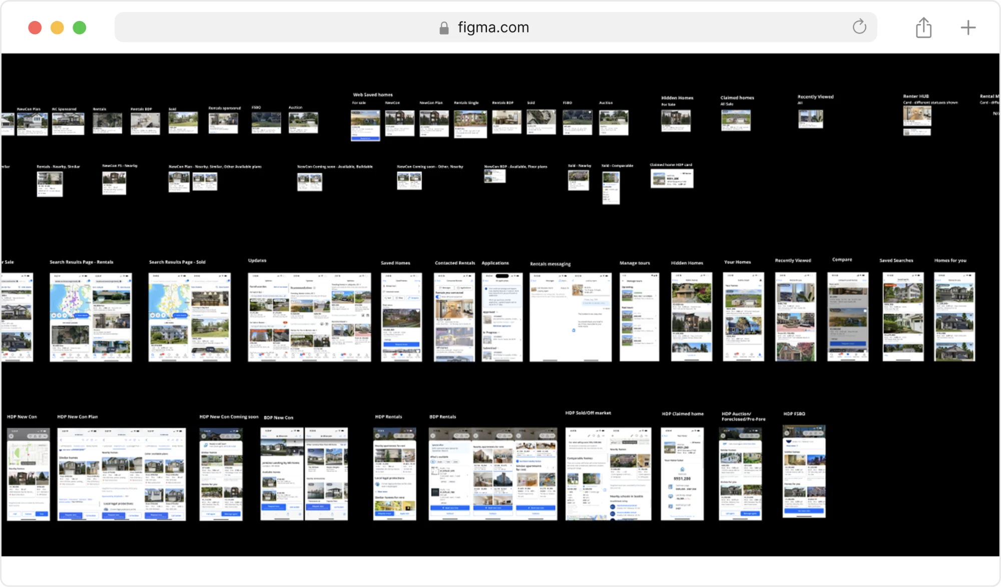 The property card audit summary: complex badge logic, inconsistencies, no space for personalization, limited media support — alongside a collage of live property cards in production.