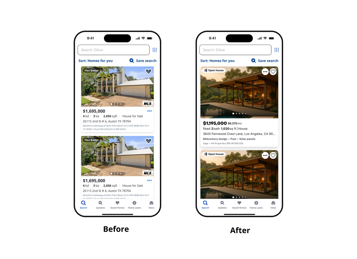 Before and after of the Zillow search feed on mobile. Before: a generic Flex Badge, an MLS logo over the photo, and two dense lines of broker and license text. After: an Open house status, a monthly cost beside the price, personalization chips, and a single quiet attribution line.