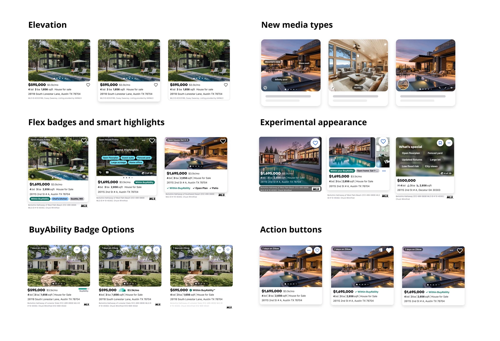 Six sets of property card explorations, three variants each. Elevation: the same listing with increasing shadow and card lift. New media types: cards with feature tags over the photo, an interior shot, and a picture-in-picture video thumbnail. Flex badges and smart highlights: open house labels, a Home Highlights overlay with chips like open floorplan and guest suite, and a checklist of Within BuyAbility, Open Plan and Patio. Experimental appearance: price and facts overlaid directly on the photo, a split image layout, and a dark What's special card listing features. BuyAbility badge options: three treatments of the affordability indicator, from a bar to a chip to an inline check. Action buttons: variations in the save heart and overflow menu placement.
