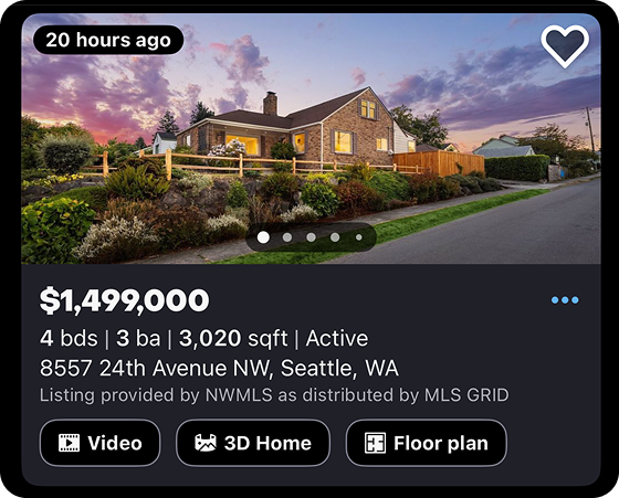 A property card showing Video, 3D Home and Floor plan media badges.