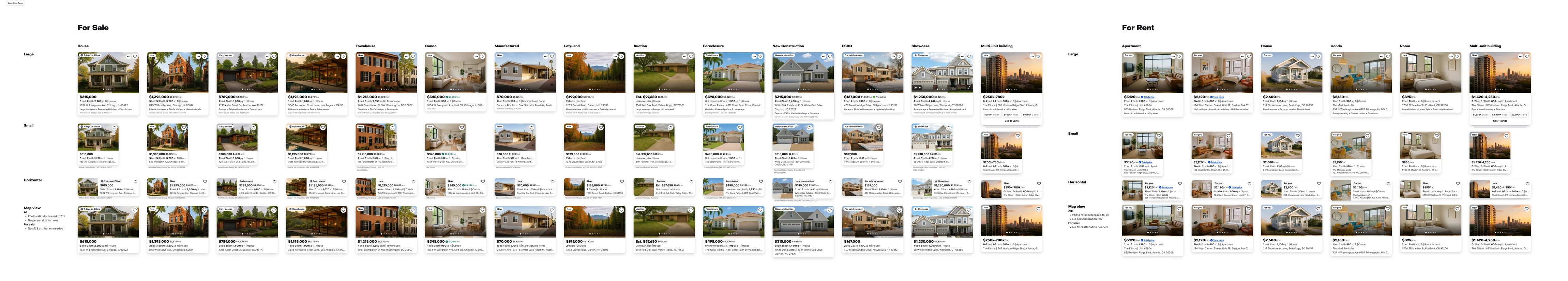 The full property card matrix. For Sale spans house, townhouse, condo, manufactured, lot/land, auction, foreclosure, new construction, FSBO, Showcase and multi-unit building; For Rent spans apartment, house, condo, room and multi-unit building. Each type is drawn in four layouts: large, small, horizontal and map view.